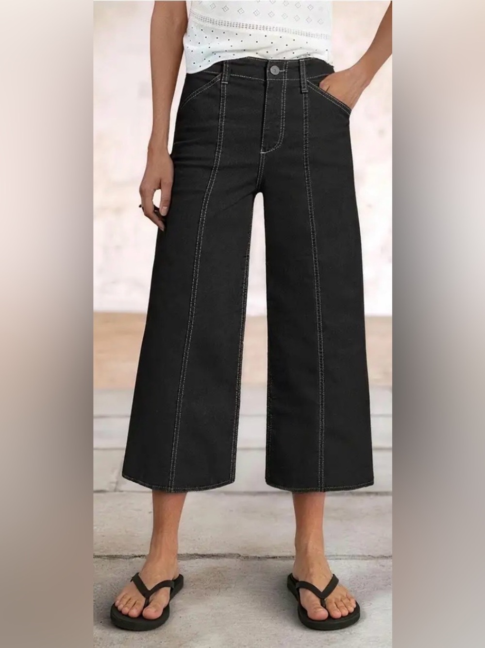 Flamingals Contrast Stitch Mid Rise Wide Leg Crop Jeans